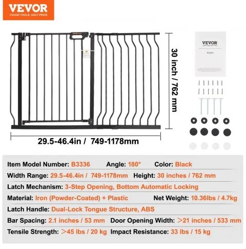 VEVOR Baby Gate, 29.5&quot;-48.4&quot; Extra Wide, 30&quot; High, Dog Gate for Stairs Doorways and House, Easy Step Walk Thru Auto Close Child Gate Pet Security Gate with Pressure Mount Kit and Wall Mount Kit, Black