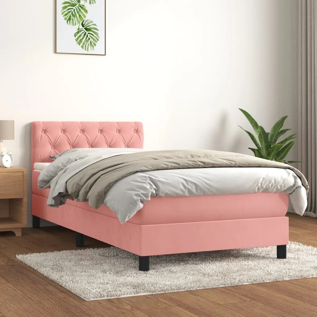 Κρεβάτι Boxspring με Στρώμα Ροζ 80 x 200 εκ. Βελούδινο - Ροζ