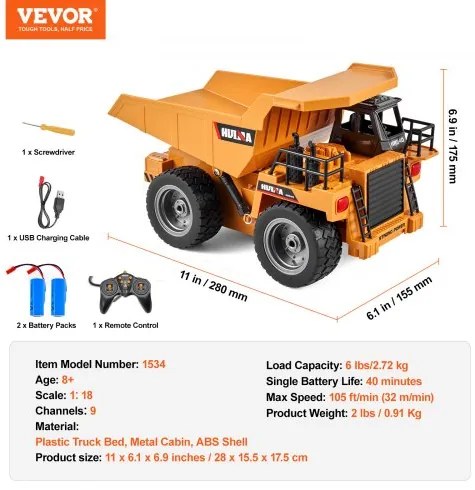VEVOR RC Remote Control Dump Truck Toy Construction Vehicle Toy 9CH 1:18 Scale