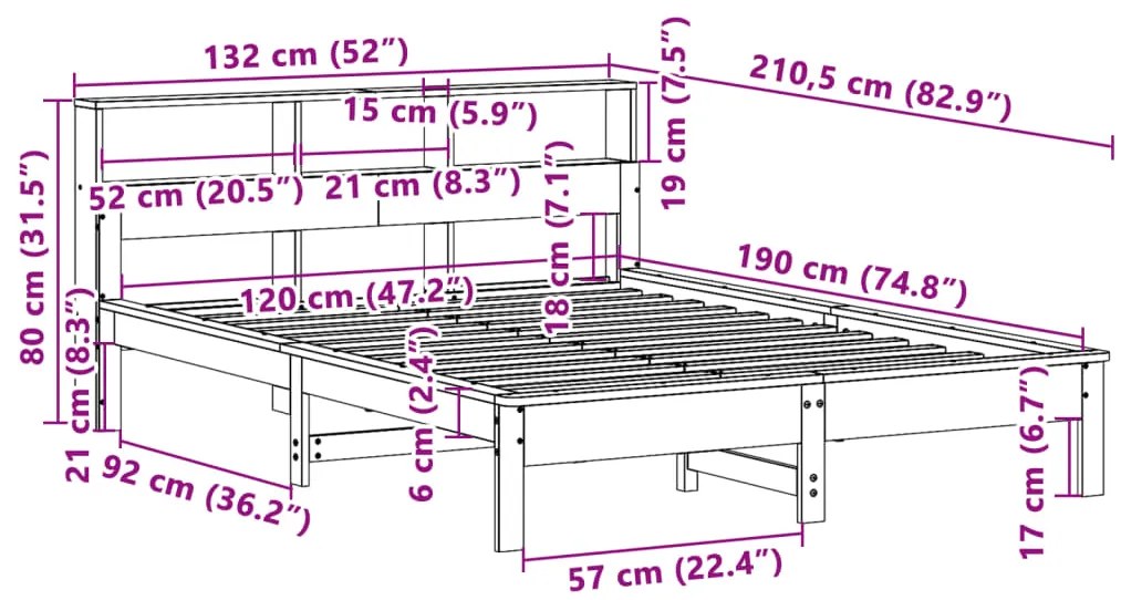 Κρεβάτι Βιβλιοθήκη Χωρίς Στρώμα 120x190 εκ Μασίφ Ξύλο Πεύκου - Λευκό