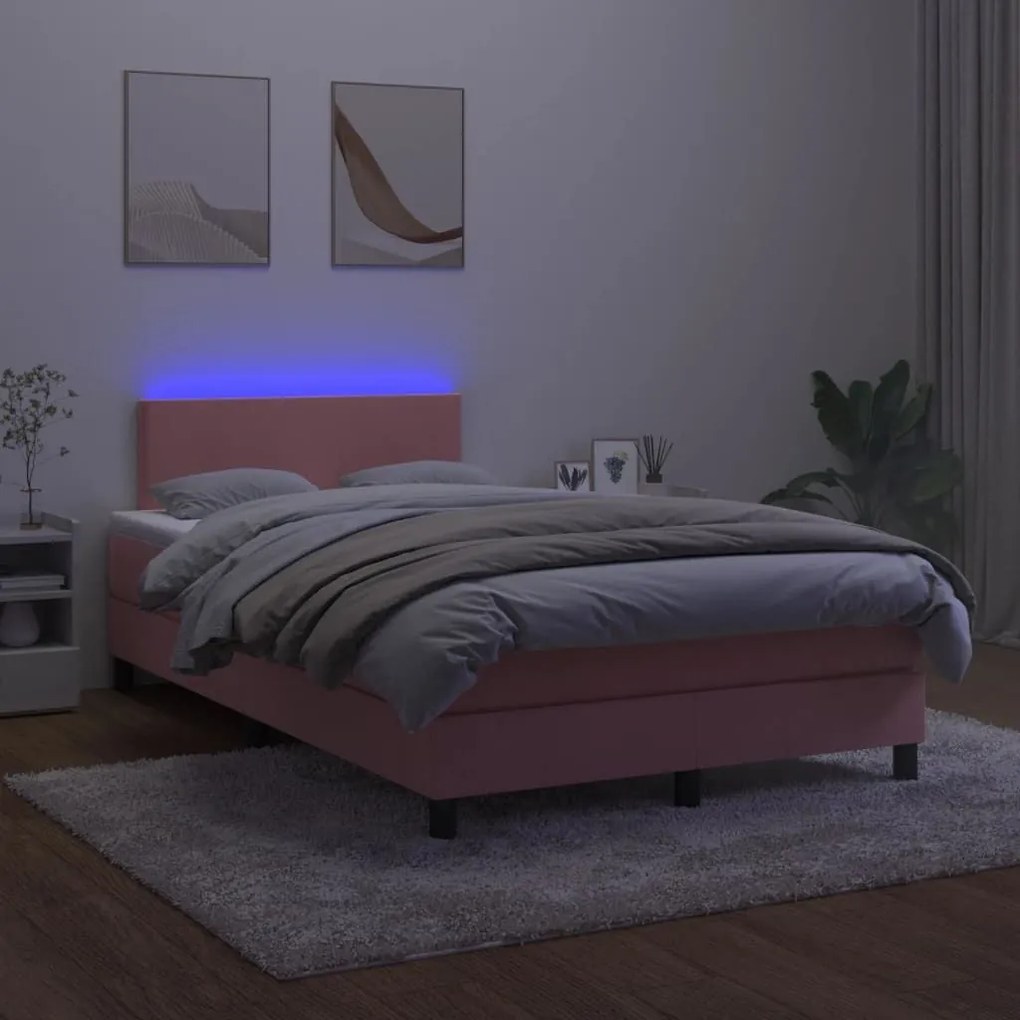 Κρεβάτι Boxspring με Στρώμα &amp; LED Ροζ 120x200 εκ. Βελούδινο - Ροζ