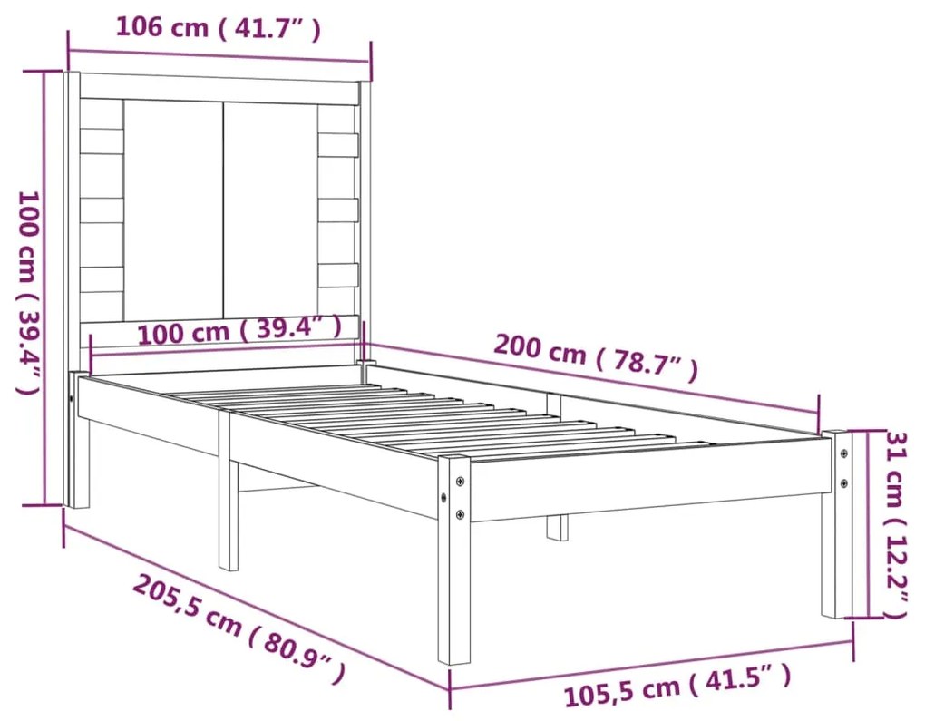 vidaXL Πλαίσιο Κρεβατιού Μαύρο 100 x 200 εκ. από Μασίφ Ξύλο Πεύκου