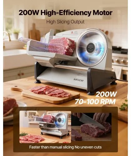 VEVOR Meat Slicer, 200W Electric Deli Slicer Machine with 190 mm Sharp Blade, Home Meat-Slicer with 70-100 RPM Slicing Speed, 0-15 mm Adjustable Thickness, for Frozen Meat, Ham, Baguett & Prime Steak