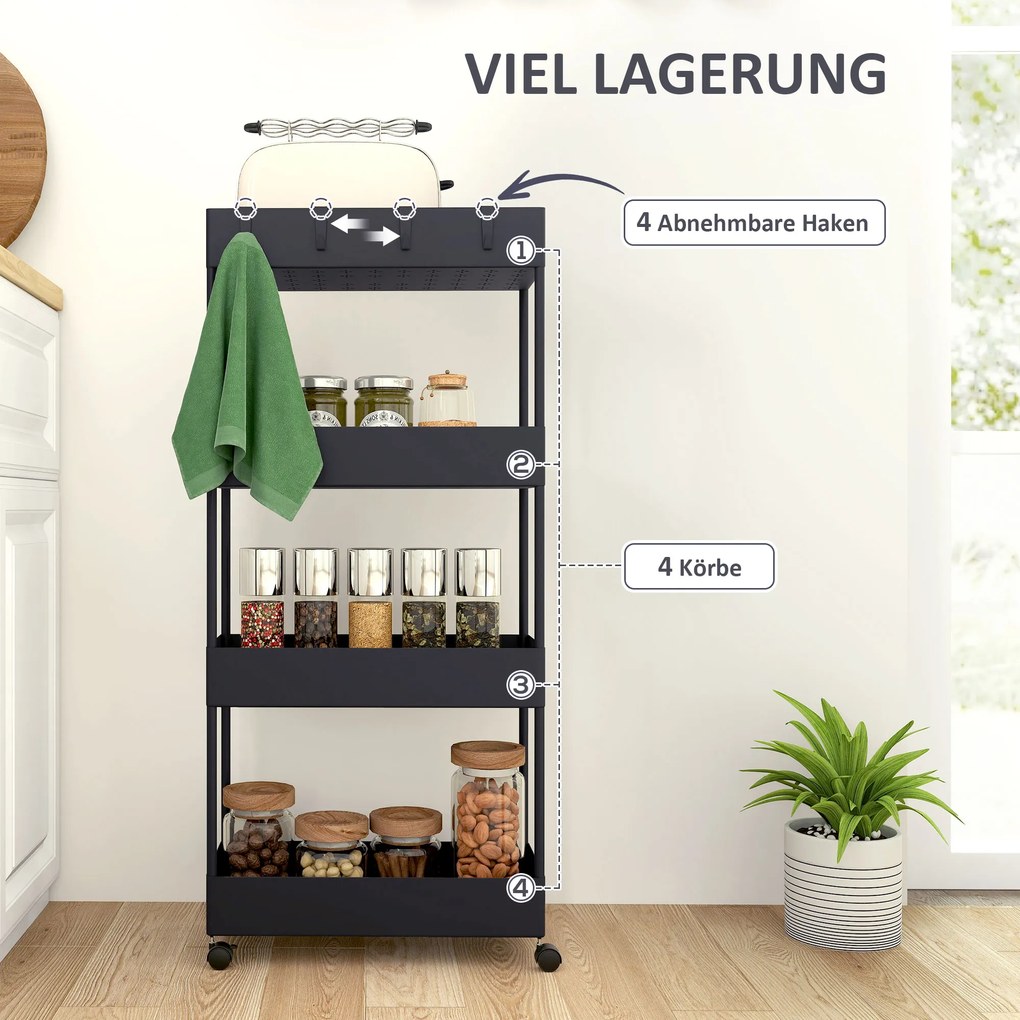 HOMCOM Τροχήλατο καρότσι κουζίνας με 4 ράφια, 4 εύκαμπτους γάντζους, 4 τροχούς, 40 cm x 19 cm x 90 cm, καρότσι για στενούς χώρους, Μαύρο