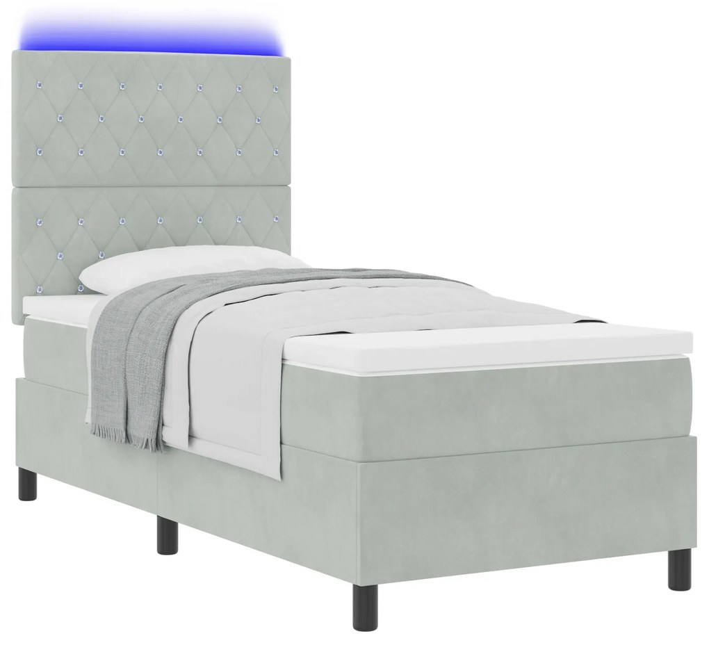 vidaXL Κρεβάτι Box Spring με Στρώμα & Φωτισμό LED Γκρι 90x190 εκ Βελούδο