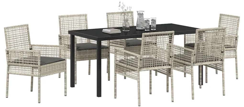 vidaXL Σέτ φαγητού για κήπο με μαξιλάρι 7 pcs Ανοιχτό γκρι Πολυ ράταν