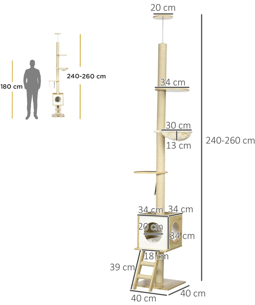 PawHut Δέντρο για γάτες, ύψους οροφής, σπίτι για γάτες, δύο πλατφόρμες, αιώρα, προστασία από ανατροπή, ανοιχτό καφέ+μπεζ, 40 x 40 x 260 cm