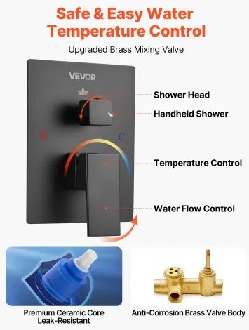 VEVOR Shower Faucet Set 12&quot; Square Rain Shower Head and Hand Set Matte Black