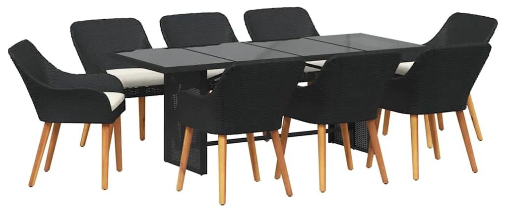 vidaXL Σέτ φαγητού για κήπο με μαξιλάρι 9 pcs Μαύρο συνθετικό ρατάν