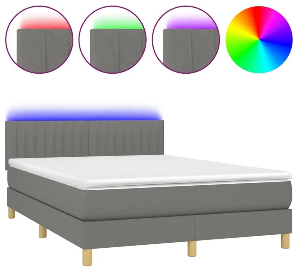 Κρεβάτι Boxspring με Στρώμα &amp; LED Σκ.Γκρι 140x190 εκ Υφασμάτινο - Γκρι