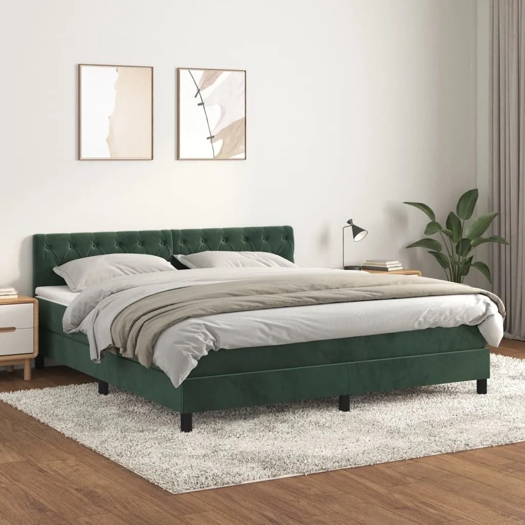 vidaXL Κρεβάτι Boxspring με Στρώμα Σκούρο Πράσινο 160x200εκ. Βελούδινο