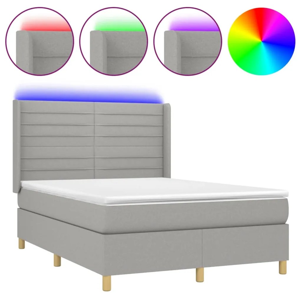 vidaXL Κρεβάτι Boxspring με Στρώμα & LED Αν.Γκρι 140x190εκ. Υφασμάτινο