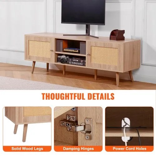 VEVOR Rattan TV Stand for 65&quot; TV Boho TV Stand with Build-in Socket Oak