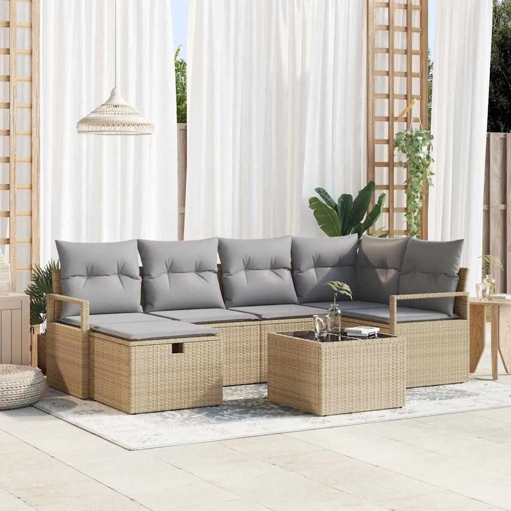 vidaXL Σετ Καναπέ Κήπου με μαξιλάρι 7 pcs Μπεζ Πολυ ράταν