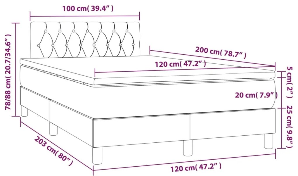 vidaXL Κρεβάτι Boxspring με Στρώμα Σκούρο Γκρι 120x200 εκ. Υφασμάτινο