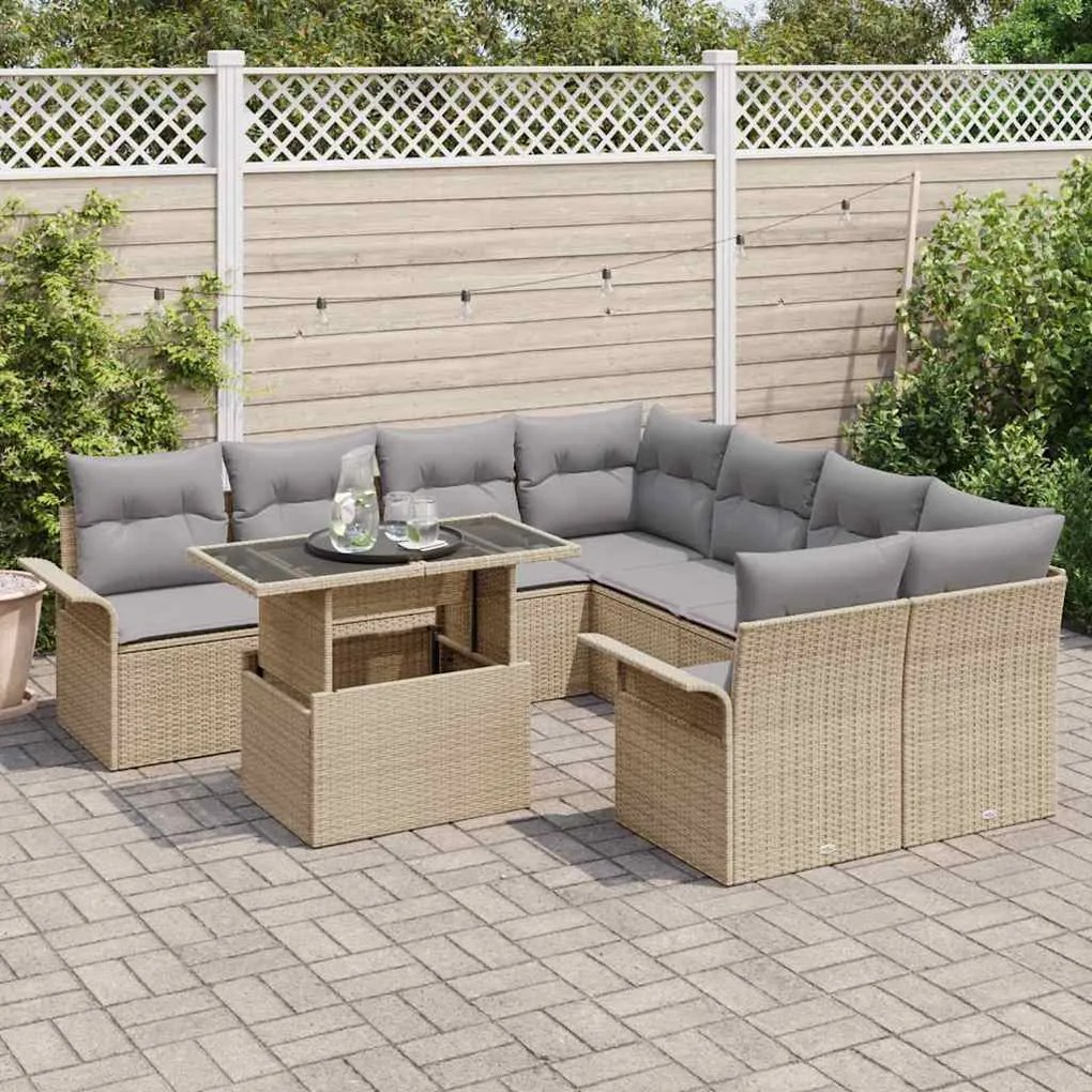 vidaXL Σετ Καναπέ Κήπου με μαξιλάρι 9 pcs Μπεζ Πολυ ράταν