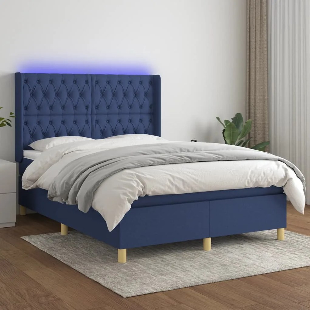 vidaXL Κρεβάτι Boxspring με Στρώμα & LED Μπλε 140x200 εκ. Υφασμάτινο