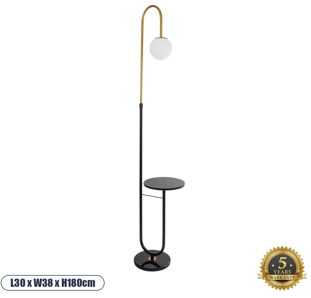 02024 GloboStar®  CORDELIA 02024 Μοντέρνο Επιδαπέδιο Φωτιστικό Μονόφωτο 1 x E27 IP20 Μαύρο &amp; Χρυσό Μέταλλο, Λευκό Γυαλί με Μαύρο Μάρμαρο - Μ30 x Π38 x Υ180cm