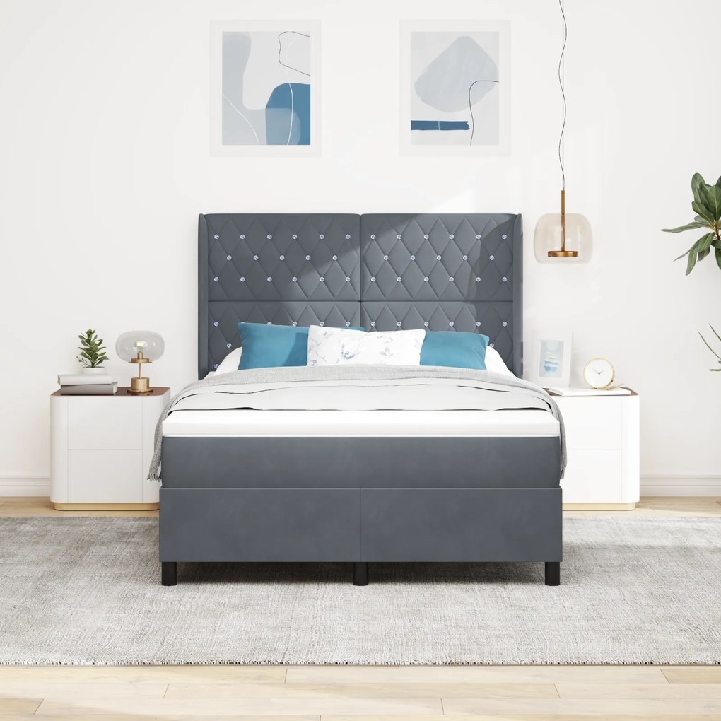 vidaXL Κρεβάτι Box Spring με Στρώμα & LED Γκρι 140x190 εκ Βελούδινο