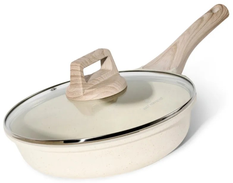 Τηγάνι Just Perfecto JL-41, 24 cm, Γυάλινο καπάκι, Μαρμάρινη επίστρωση, Χωρίς PFAS, Επαγωγή, Μπεζ