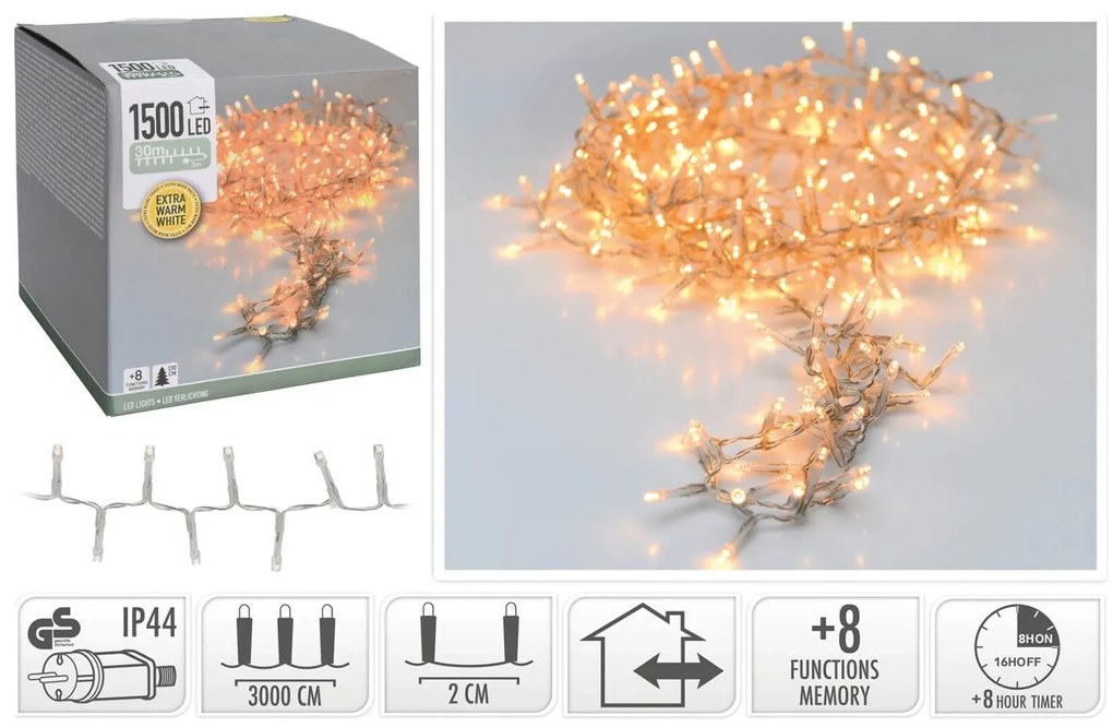 1500 Φωτάκια LED - 30 Μέτρα + 3 Μέτρα σύνδεσης, Κανονική Διάταξη, με χειριστήριο, 8 προγράμματα, Διάφανο καλώδιο PVC - Extra Θερμό Λευκό