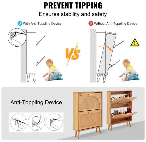 VEVOR Shoe Cabinet with 2 Flip Drawers Rattan Shoe Storage Cabinet for Entryway