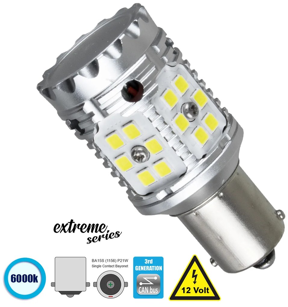 GloboStar® 81232 Λάμπα Αυτοκίνητου 1156 - BA15S - P21W 3rd Generation Can-Bus Extreme Series LED 24 SMD 3030 28W 4200lm 360° DC 12V IP20 Ψυχρό Λευκό 6000K