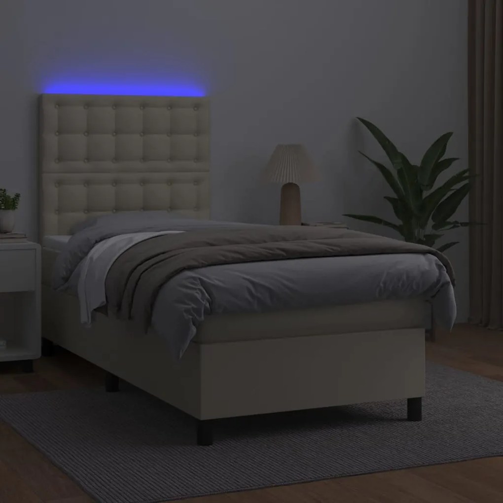 vidaXL Κρεβάτι Boxspring με Στρώμα & LED Κρεμ 90x200 εκ. Συνθ. Δέρμα