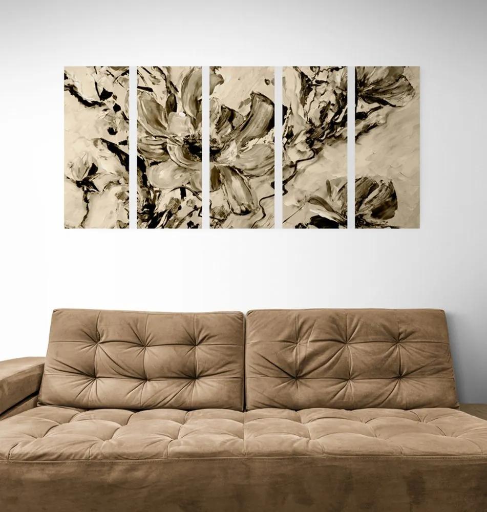 Εικόνα 5 μερών μοντέρνα ζωγραφισμένα καλοκαιρινά λουλούδια σε σέπια - 100x50