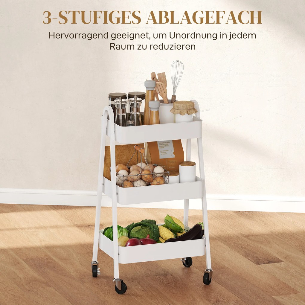 HOMCOM Ράφι σερβιρίσματος 3 επιπέδων, τροχήλατο κουζίνας με λαβή και φρένα, λευκό