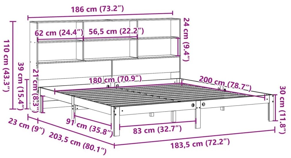 Κρεβάτι Βιβλιοθήκη Χωρίς Στρώμα 180x200 εκ Μασίφ Ξύλο Πεύκου - Λευκό