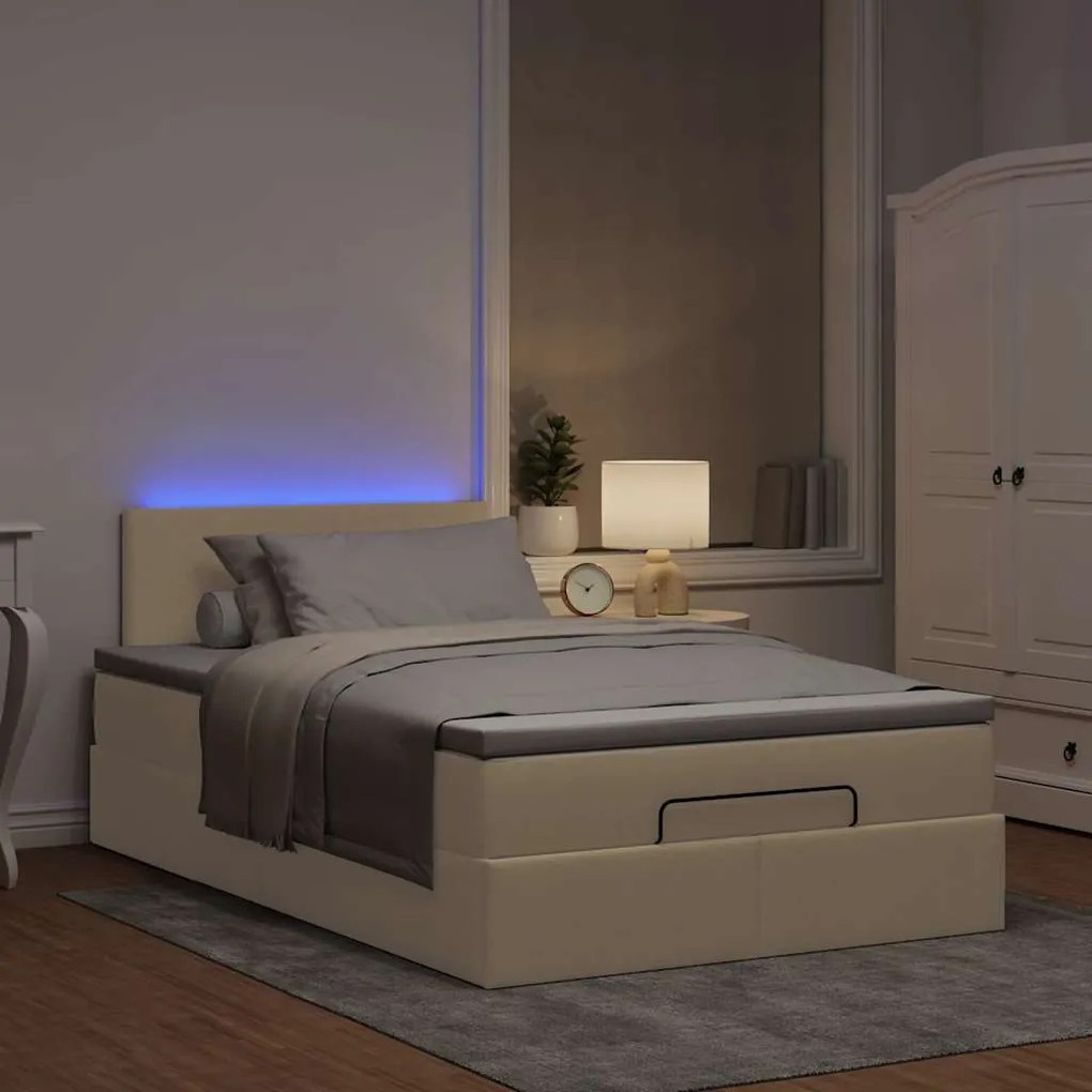 vidaXL Οθωμανικό κρεβάτι με στρώμα & LEDs Cream 120x200cm ύφασμα