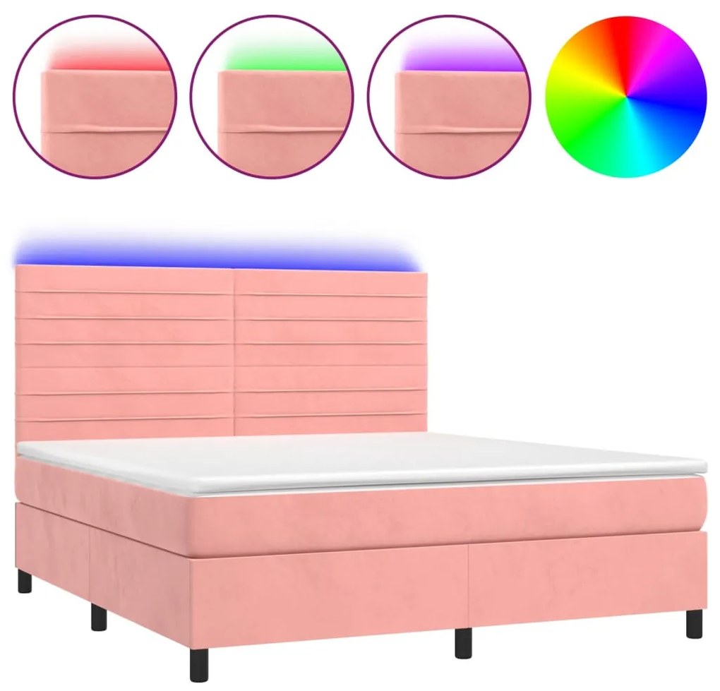 Κρεβάτι Boxspring με Στρώμα &amp; LED Ροζ 160x200 εκ. Βελούδινο - Ροζ