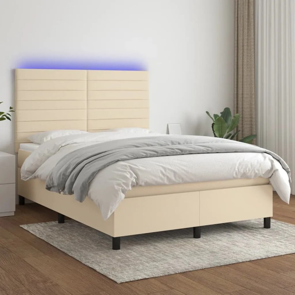 vidaXL Κρεβάτι Boxspring με Στρώμα & LED Κρεμ 140x190 εκ. Υφασμάτινο