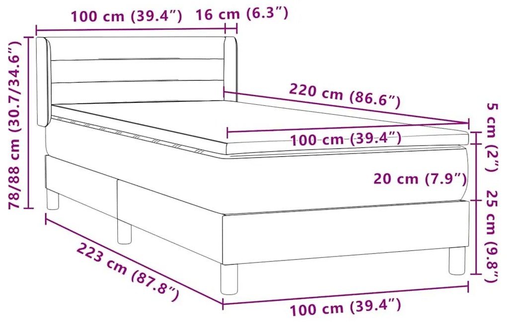 Box Spring Κρεβάτι με στρώμα Μαύρο 100x220 εκ. Βελούδινο - Μαύρο