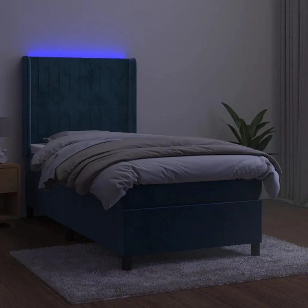 vidaXL Κρεβάτι Boxspring με Στρώμα & LED Σκ. Μπλε 90x190 εκ. Βελούδινο