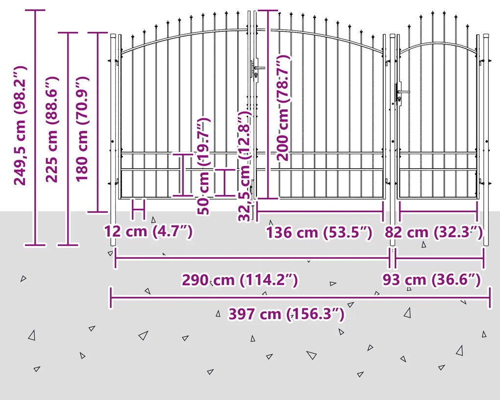 vidaXL Πύλη Κήπου  με Αιχμές Μαύρη 195x400 εκ Χάλυβα