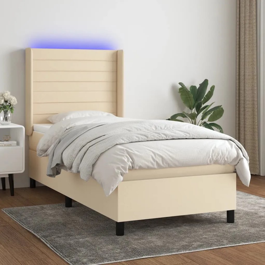 vidaXL Κρεβάτι Boxspring με Στρώμα &amp; LED Κρεμ 90x200 εκ. Υφασμάτινο