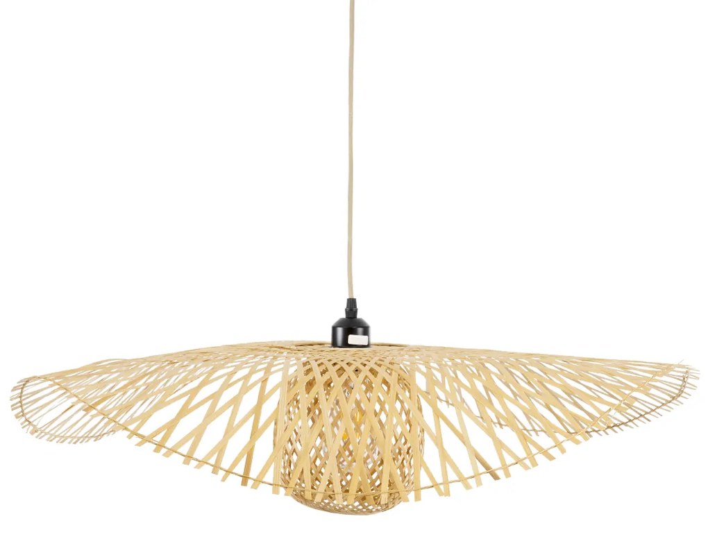 GloboStar CINNABAR 01837 Boho Κρεμαστό Φωτιστικό Οροφής Μονόφωτο 1 x E27 AC220-240V IP20 - Φ75 x Υ21cm - Μπεζ Ξύλινο Μπαμπού Πλέγμα - 5 Χρόνια Εγγύηση - 01837