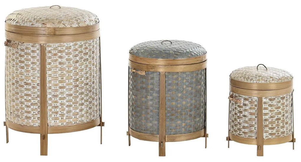 Σετ Διακοσμητικών Κουτιών DKD Home Decor Λευκό Γκρι Φυσικό Bamboo Boho Φθαρμένο