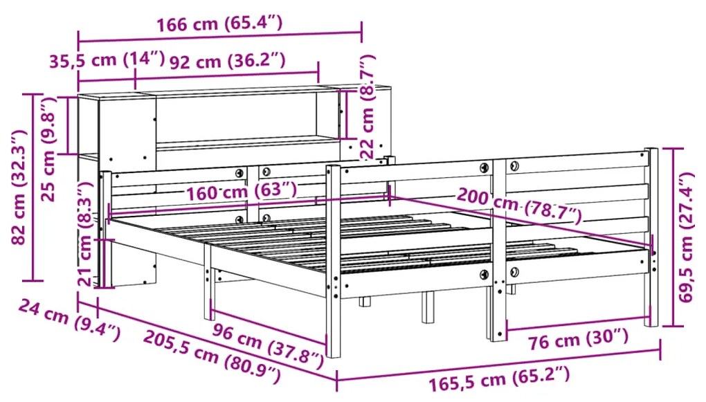 Κρεβάτι Βιβλιοθήκη Χωρίς Στρώμα 160x200 εκ Μασίφ Ξύλο Πεύκου - Λευκό