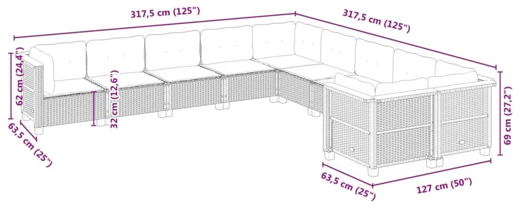 vidaXL Σαλόνι Κήπου Σετ 10 Τεμαχίων Μαύρο Συνθετικό Ρατάν με Μαξιλάρια