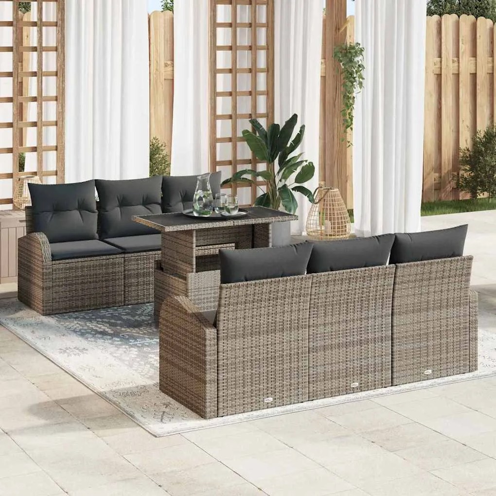 vidaXL Σετ Καναπέ Κήπου με μαξιλάρι 7 pcs Γκρι Πολυ ράταν