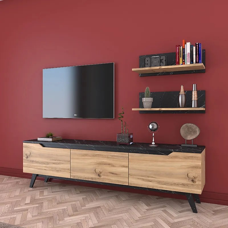 Σύνθετο σαλονιού Kasia pakoworld oak-μαύρο μαρμάρου 180x35x48,5εκ - 182-000009 - 182-000009