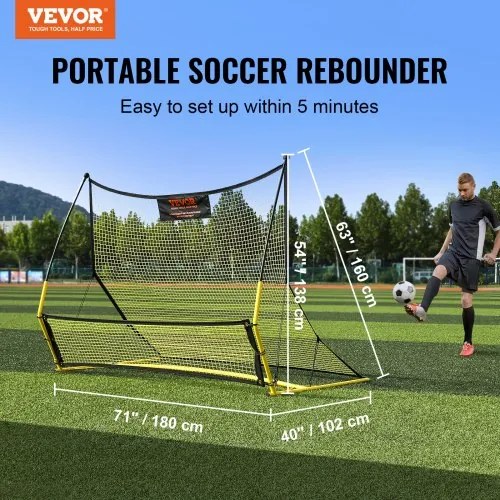 VEVOR Soccer Trainer, 2-IN-1 Portable Soccer Rebounder Net, 72"x51" Iron Soccer Practice Equipment, Sports Football Rebounder Wall with Portable Bag, Perfect for Team Solo Training, Passing, Volley