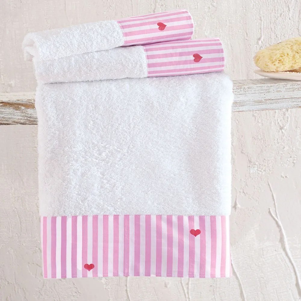 Πετσέτες Σε Κουτί Young Heart (Σετ 3τμχ) White-Pink Ρυθμός Towels Set 70x140cm 100% Πενιέ Βαμβάκι