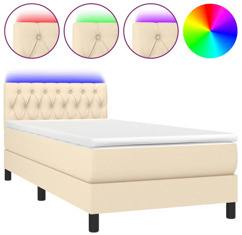 vidaXL Κρεβάτι Boxspring με Στρώμα & LED Κρεμ 100x200 εκ. Υφασμάτινο
