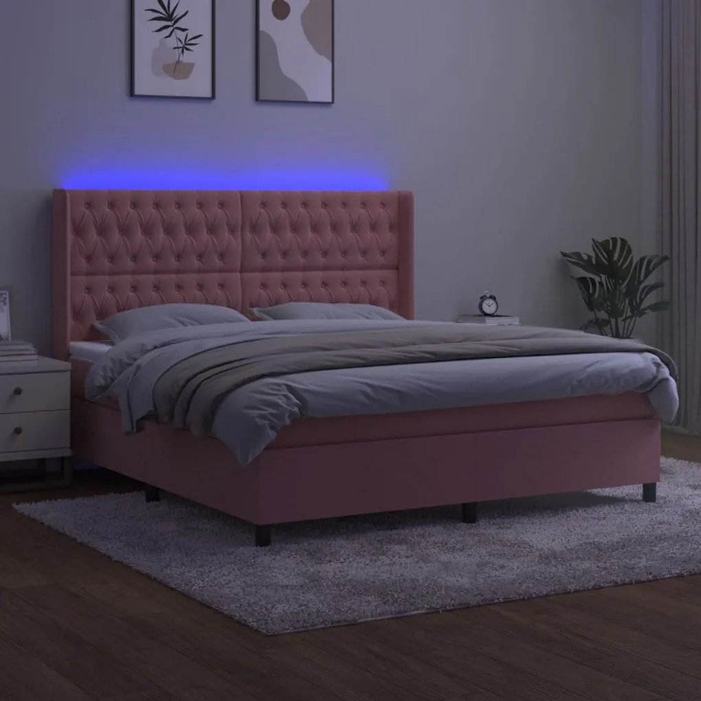 vidaXL Κρεβάτι Boxspring με Στρώμα & LED Ροζ 180x200 εκ. Βελούδινο