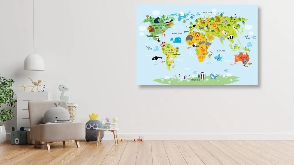 Εικόνα στο φελλό ενός παιδικού παγκόσμιου χάρτη με ζώα - 90x60  peg