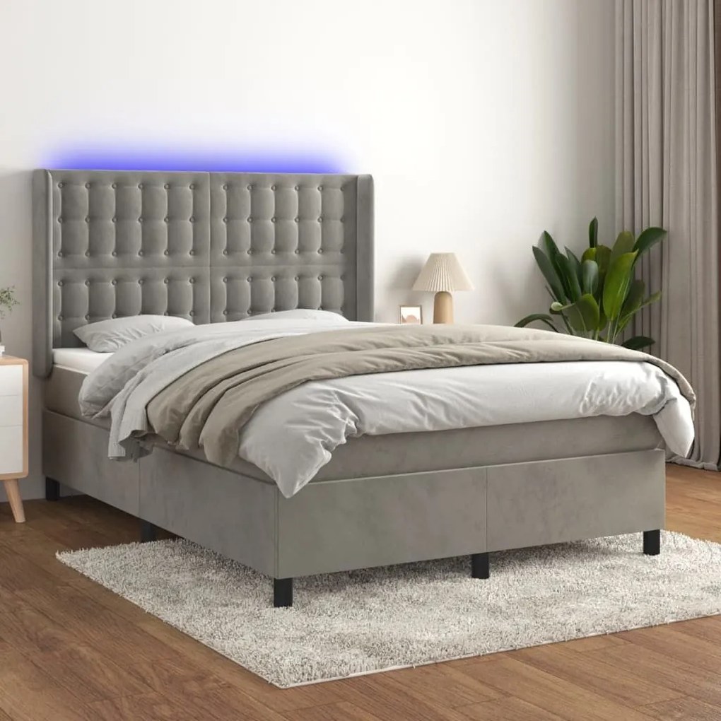 Κρεβάτι Boxspring με Στρώμα&amp;LED Αν. Γκρι 140x190 εκ. Βελούδινο - Γκρι